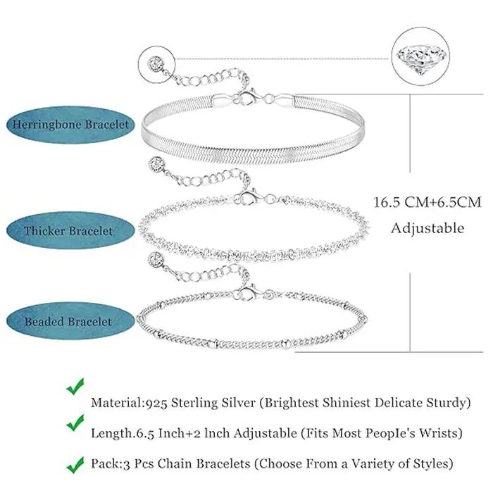 Bracelets en argent Sterling 925 réglables et empilables avec chaînes de maillons et perles pour femmes et filles pour occasions spéciales et cadeaux de fête