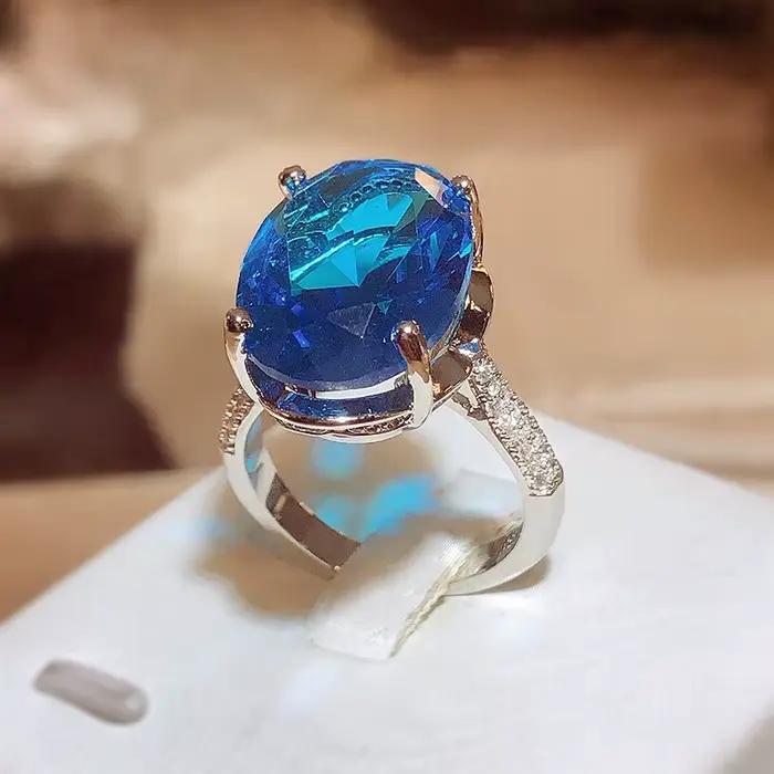 Bague ovale géométrique bleue classique pour fête de Banquet, ne se décolore pas, lumière de luxe, ouverture réglable, bijoux en argent Sterling 925 pour dames