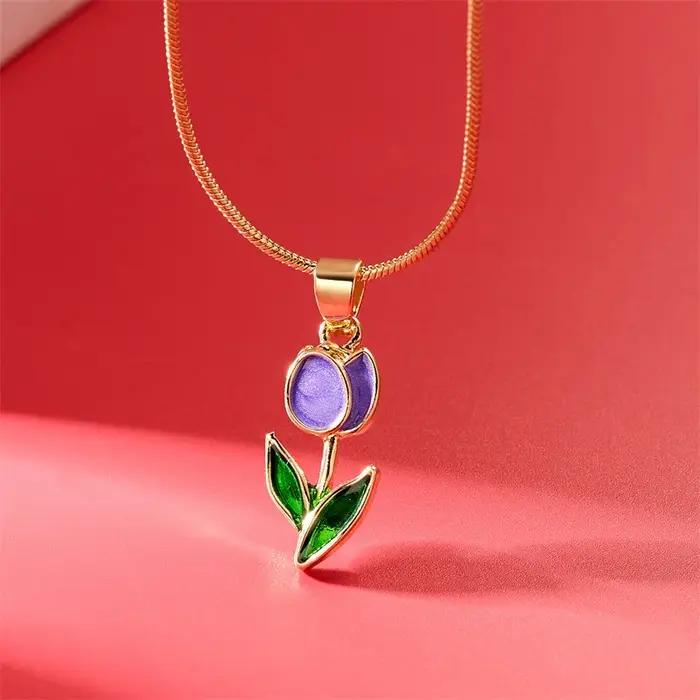 Collier Vintage élégant avec pendentif en forme de tulipe pour femmes mode esthetique fleurs chaine de clavicule ras du cou bijoux de fête de mariage occasions spéciales