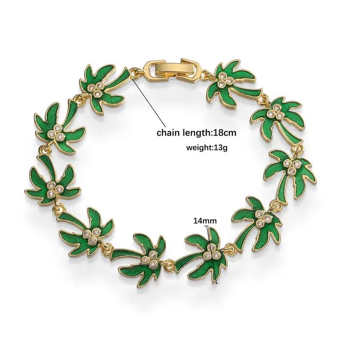 Bracelet rétro en émail vert avec pendentif motif palmier et cocotier