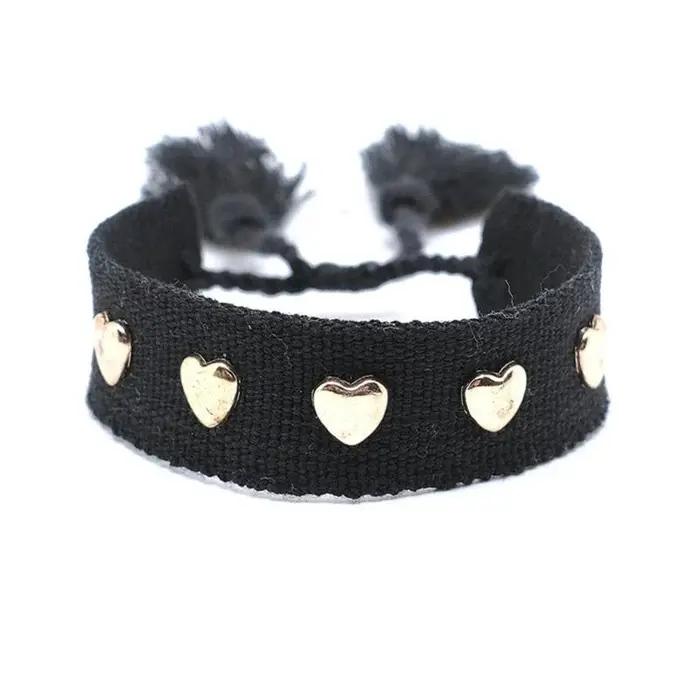 Bracelet à rivets étoile cœur en coton pour femmes avec pompons tissés bohèmes pour toutes occasions spéciales