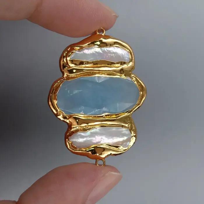 Pendentif en Jade bleu perle Biwa blanc de culture, connecteur de lunette en métal à Double anneau