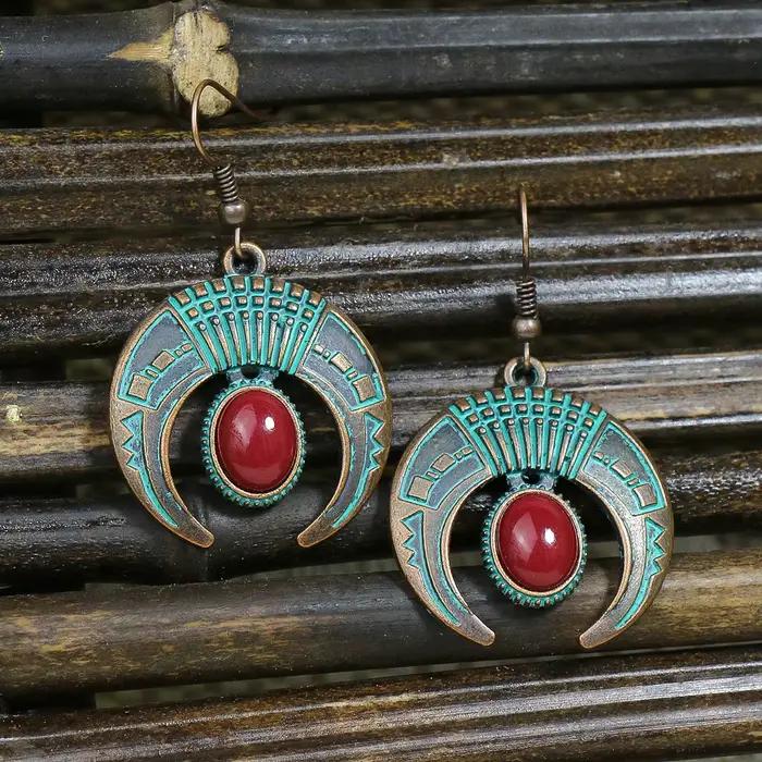 Jhumka – boucles d'oreilles ethniques en forme de lune pour femme, bijoux indiens, Turquoises rouges