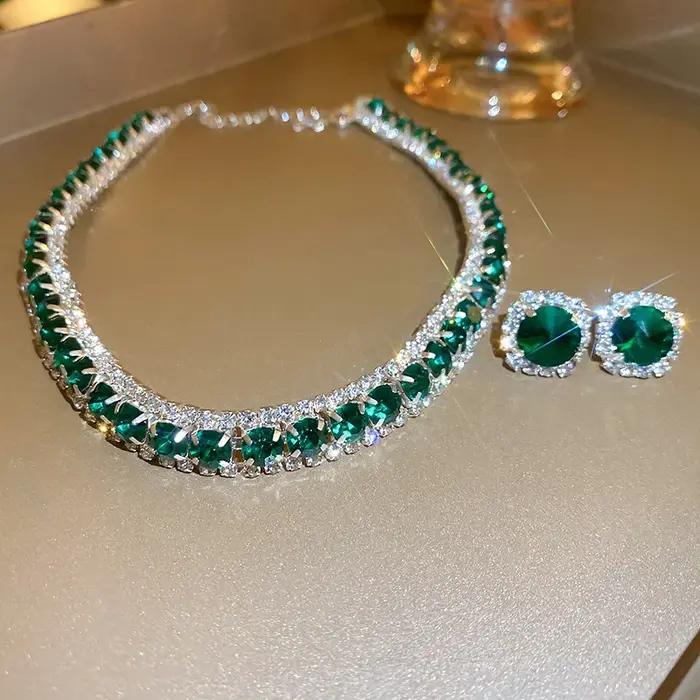 FYUAN luxe collier boucles d'oreilles ensembles vert cristal collier femmes mariages mariée bijoux a
