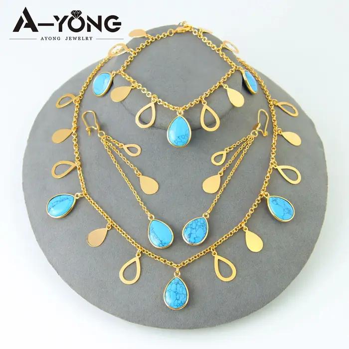 Ensemble de colliers à breloques Turquoise éthiopienne, plaqué or 21 carats, pendentif pompon italie