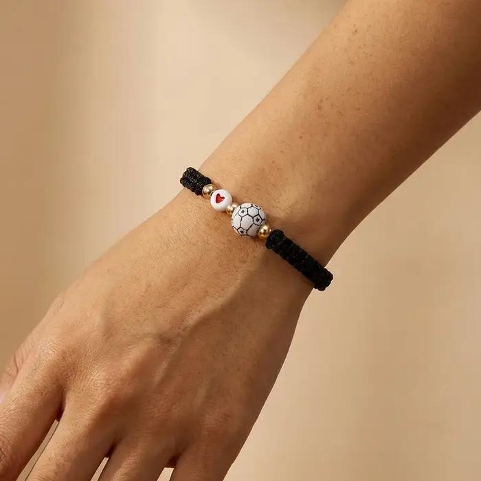 Bracelets d'équipe de football faits à la main, tressés, avec breloque cœur de football, réglables,