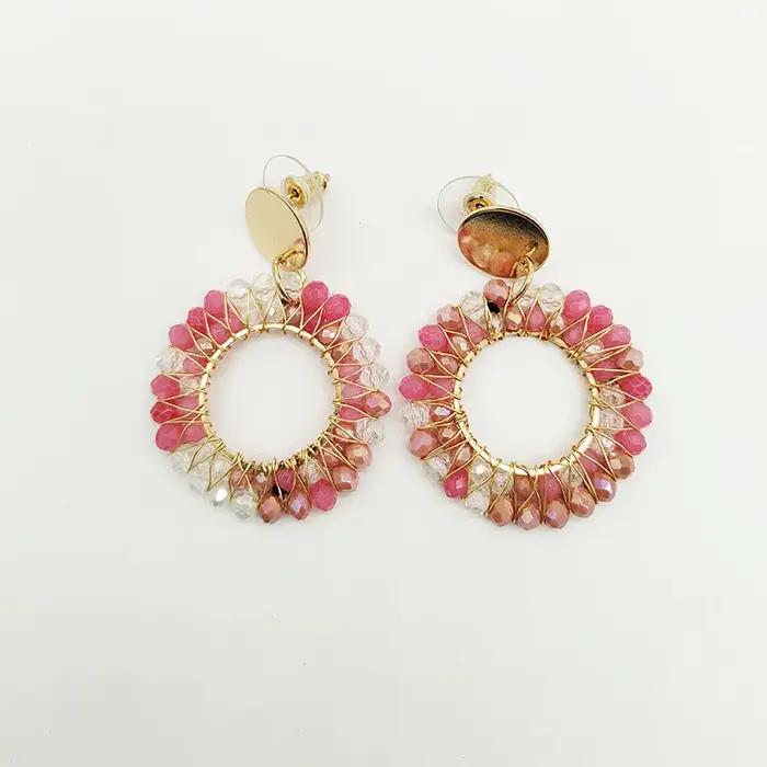 Boucles d'oreilles en perles de riz à tricoter à la main, cercle rétro, cristal, originalité, double