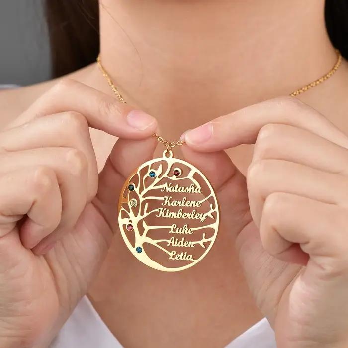 Arbre de vie famille 1-6 noms collier personnalisé en acier inoxydable plaque signalétique d'été avec pierre de naissance pour femmes hommes cadeau d'anniversaire