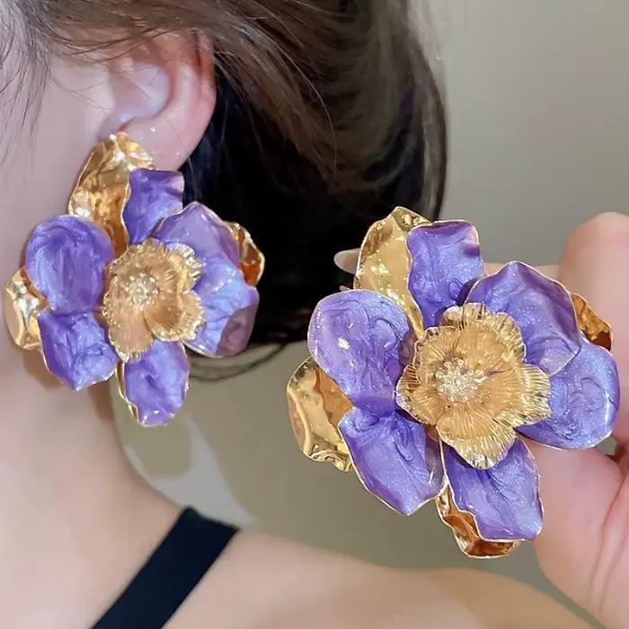 Boucles d'oreilles pendantes Minar en émail couleur bonbon, métalliques, multicouches, grandes fleurs, pour femmes, bijoux en alliage de fer plaqué or