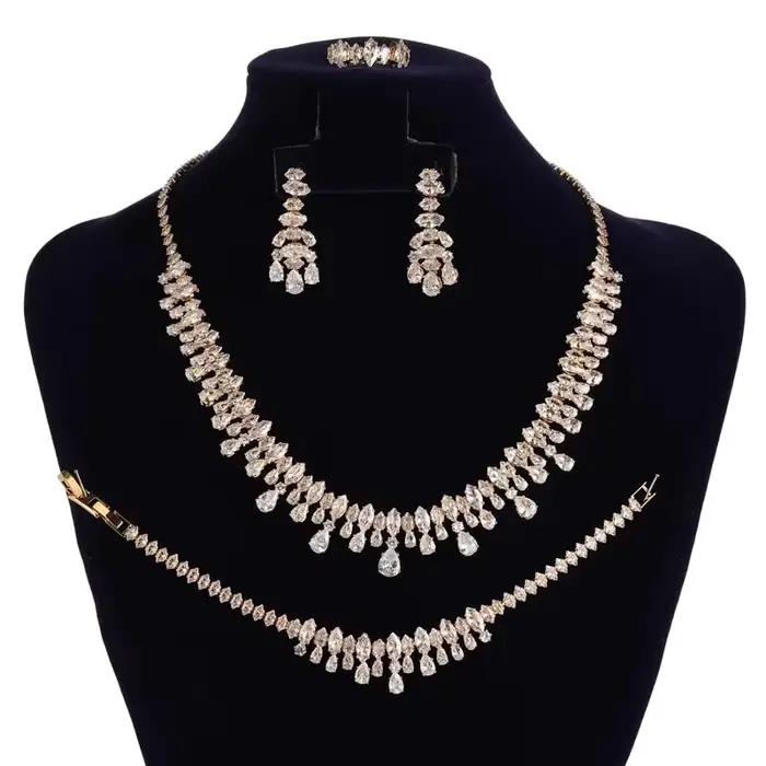 Parures de bijoux HADIYANA, bijoux de mariage pour femmes, couleur or, collier, boucles d'oreilles, bague, bracelet BN9059, cadeau de Noël