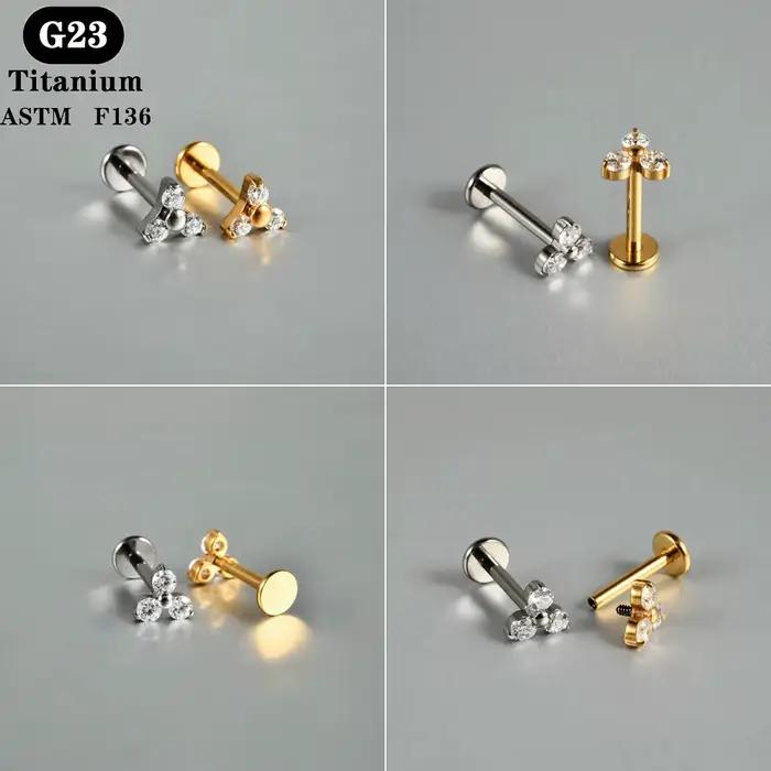 1 PC ASTM F136 titane Zircon dos plat boucle d'oreille fleur clous