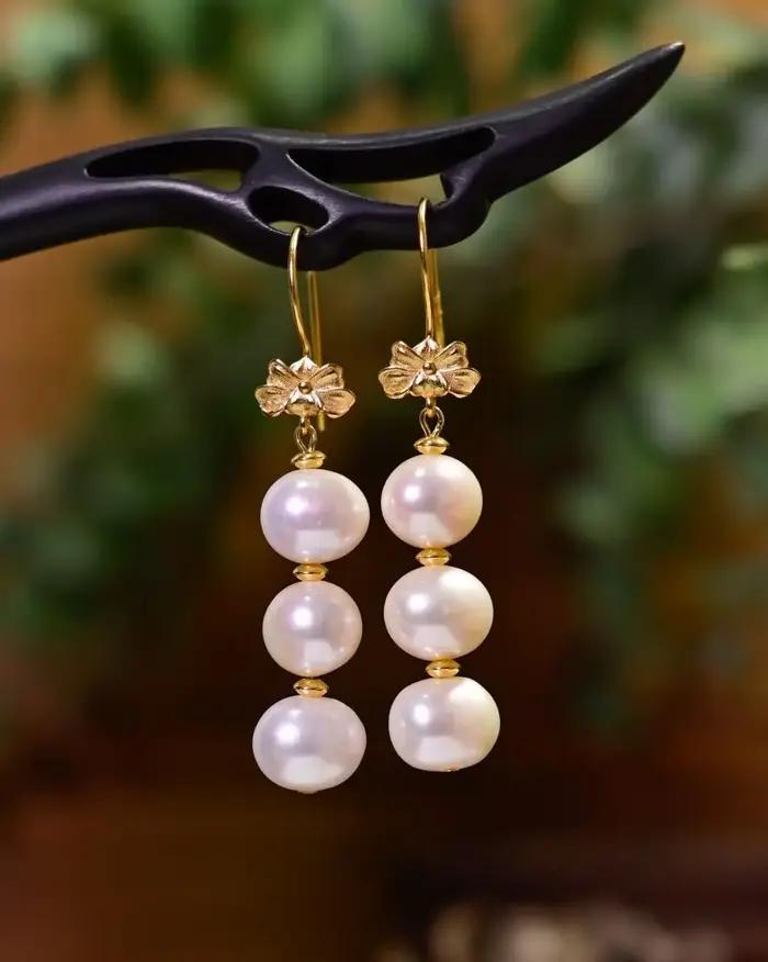 925 argent brillant eau douce Tri perles blanches crochet d'oreille élégant Akoya rose perle balancent boucles d'oreilles intemporelles bijoux cadeaux