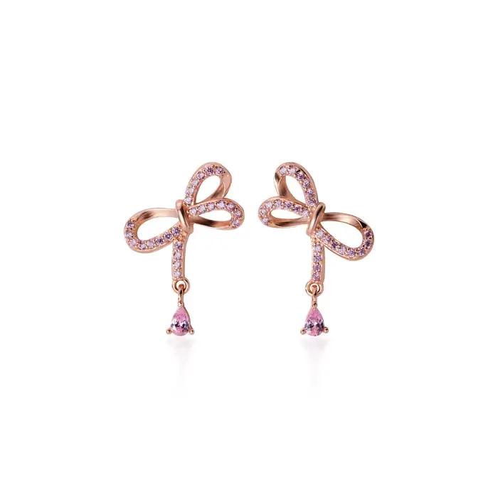 Boucles d'oreilles à nœud papillon en argent sterling 925 avec cristal rose pour femmes occasions spéciales elegance romantique