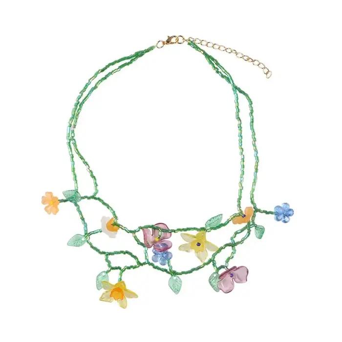 Collier de fleurs en résine fait à la main, style coréen, accessoires de bijoux, boucle d'oreille pendante perlée, gland, conception minoritaire, boucles d'oreilles asymétriques