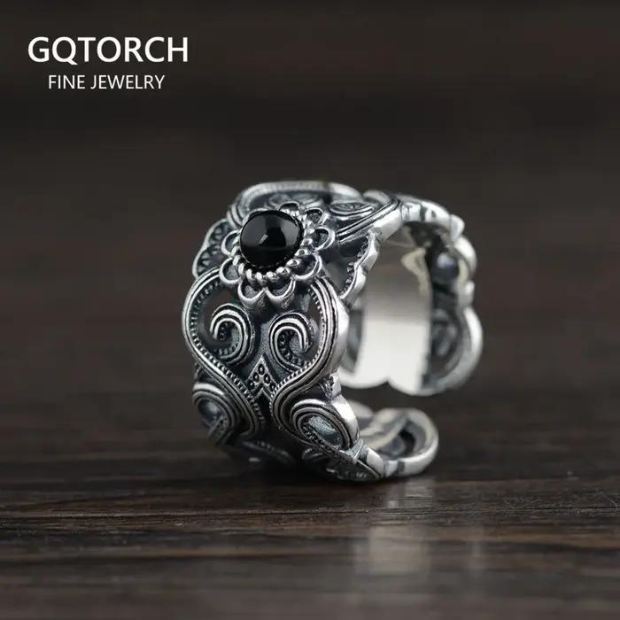 Bague en argent regardé S925 pour hommes et femmes, argent thaïlandais vintage, agate noire incrusté