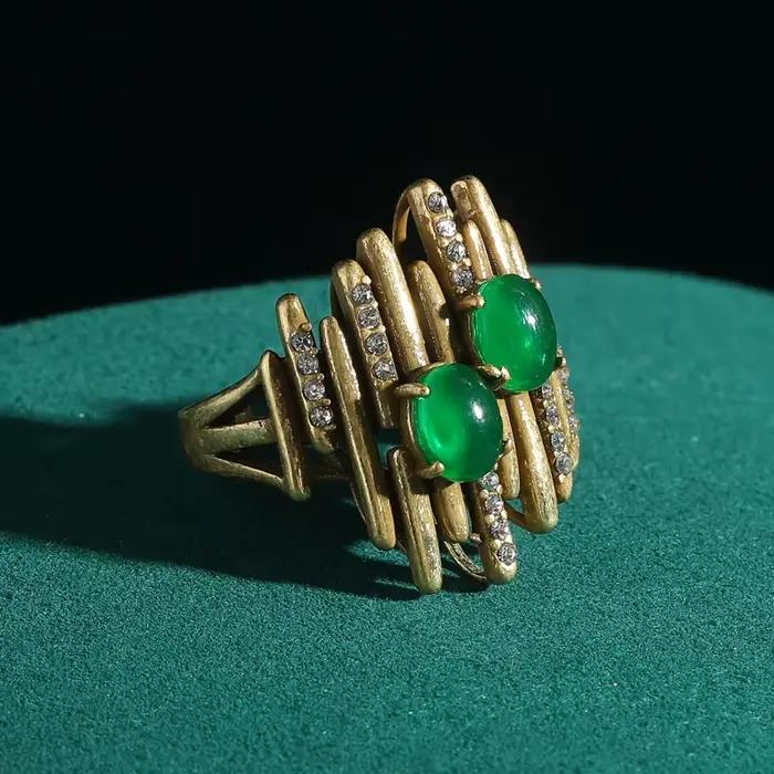 Bague Vintage en pierre naturelle, émeraude verte, couleur or, géométrie ovale, bijoux réglables pou