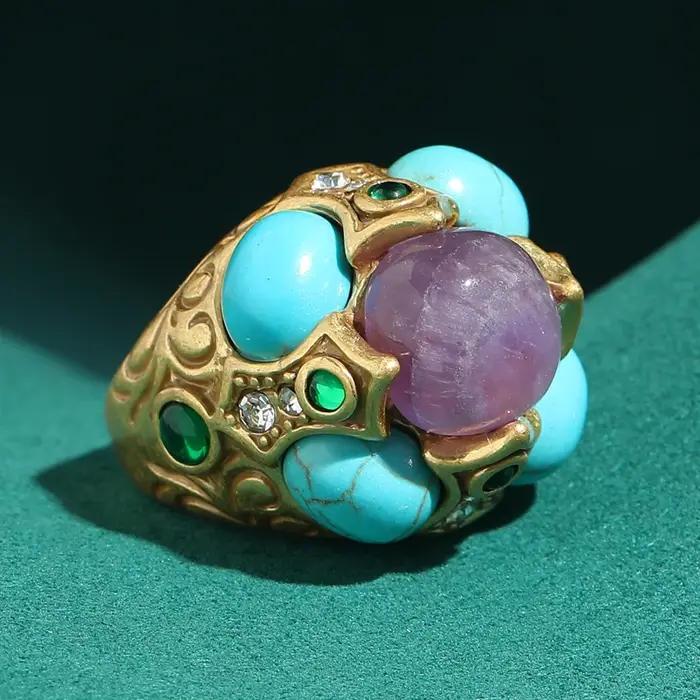 Bagues Turquoise Vintage avec pierre violette naturelle pour femmes, bleu, luxe de styliste, accesso