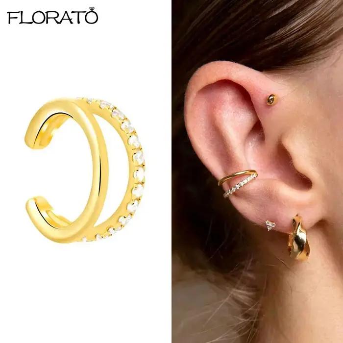 1 pièces Double cerceau boucle d'oreille avec chaîne 925 en argent Sterling oreille aiguille cristal