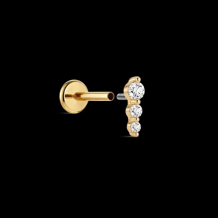 DIeSchein Boucles d'oreilles clous à dos plat en or massif 14K pour femme, délicates et minimalistes, avec trois cristaux et zircone cubique (CZ) à dos plat