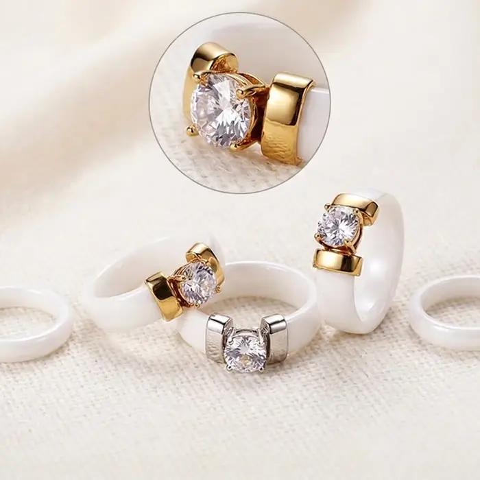 Bague de fiançailles en céramique noire et blanche avec zircon brillant, alliance de mariage hypoallergénique pour femmes, occasions spéciales et engagement
