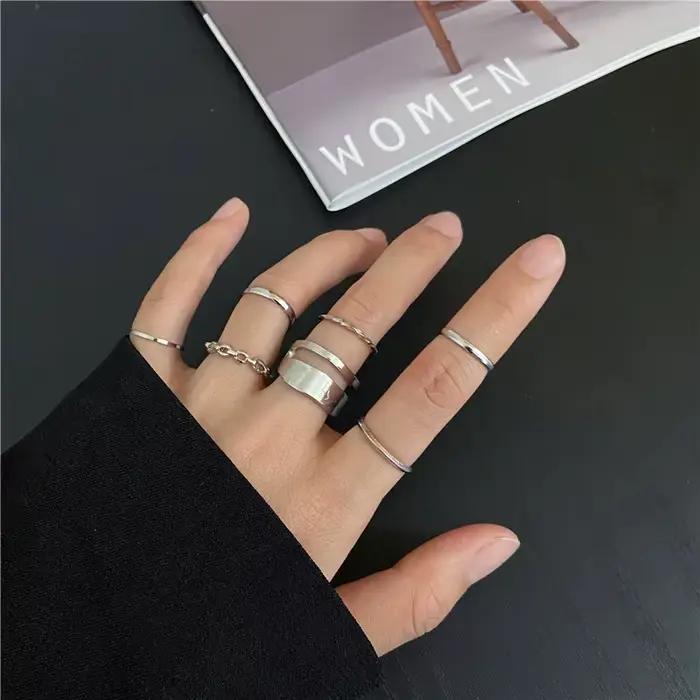 Ensemble de bagues punk simples couleur argent