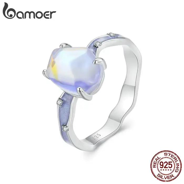 Bamoer solide 925 en argent Sterling violet pierre Aurora bague vague bande anneau pour les femmes fête bijoux fins cadeau