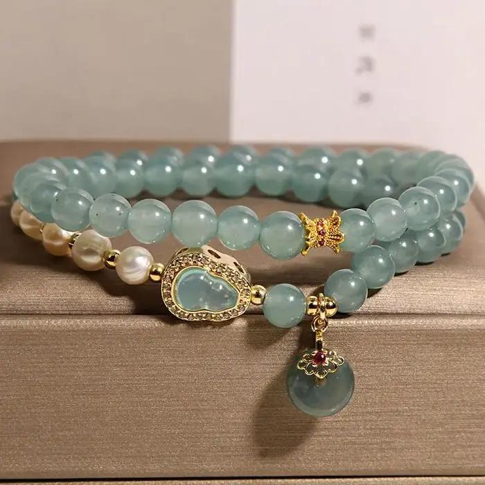Bracelet double couche en perles de jade bleu clair