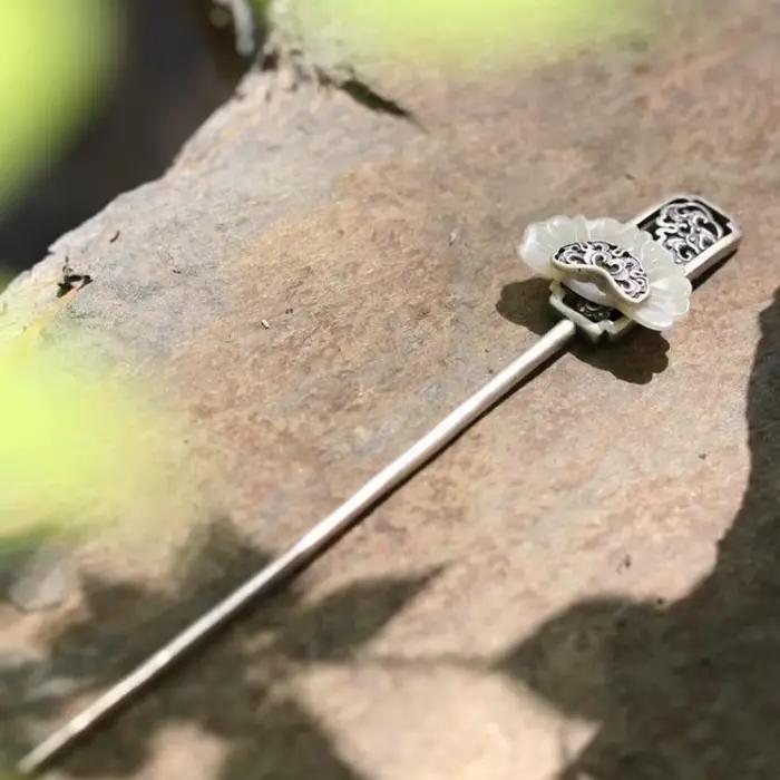 Bijoux de cheveux en jade blanc naturel incrusté d'argent 925, Hetian, style ethnique vintage classi