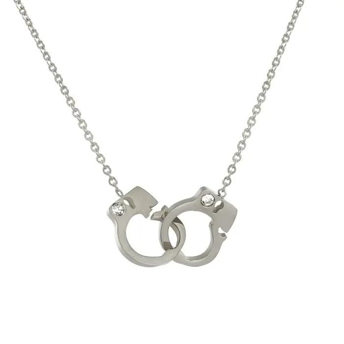 Nouvel Arrivage Collier Pendentif Femme en Acier Titane de Haute Qualité avec Motif Menottes et Cristaux Incrustés