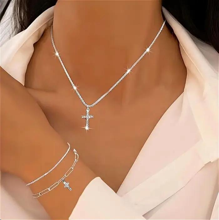 Ensemble collier et bracelet en argent sterling 925 scintillant pour femmes