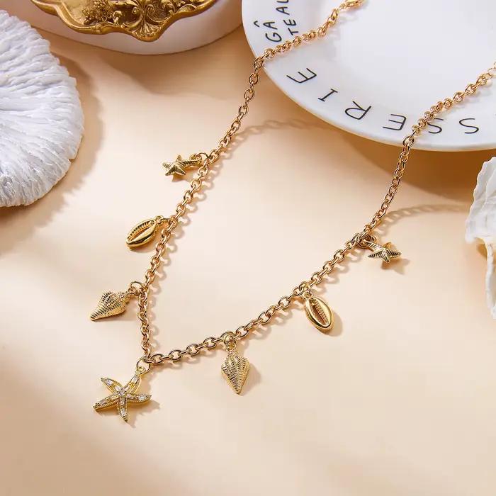 Collier pendentif étoile de mer et coquillage en zircon, accessoire de style vacances d'été à la pla