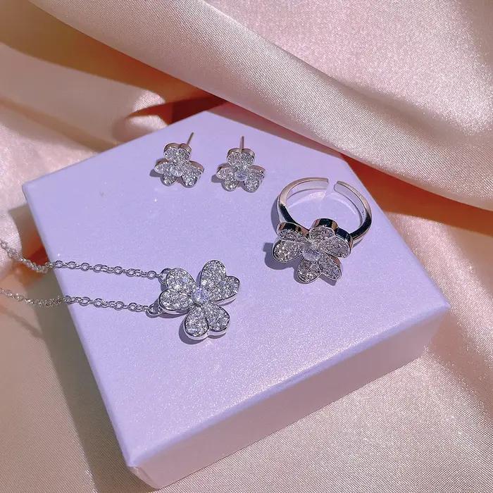 925 femmes ensemble de bijoux mode AAA brillant Zircon fleur collier bague boucle d'oreille dame trèfle