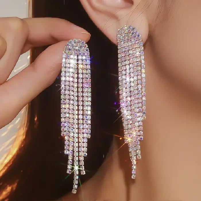 FYUAN mode longue gland boucles d'oreilles pour femmes noir or argent couleur strass balancent boucle d'oreille bijoux de fête de mariage