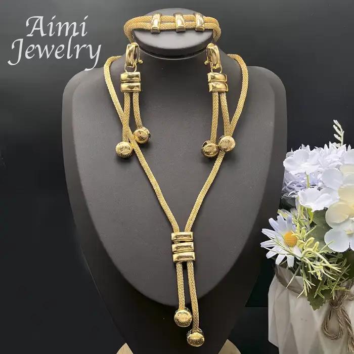 Ensemble de bijoux plaqués or 24 carats pour femmes, chaîne de perles, décor, collier, boucles d'ore