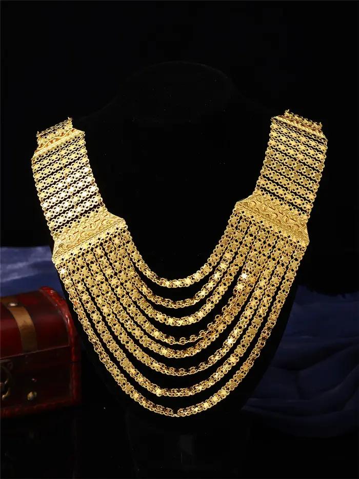 1 collier pour femme arabe, collier étoile fluide à 8 couches, plaqué or 22 carats, gravé de motifs