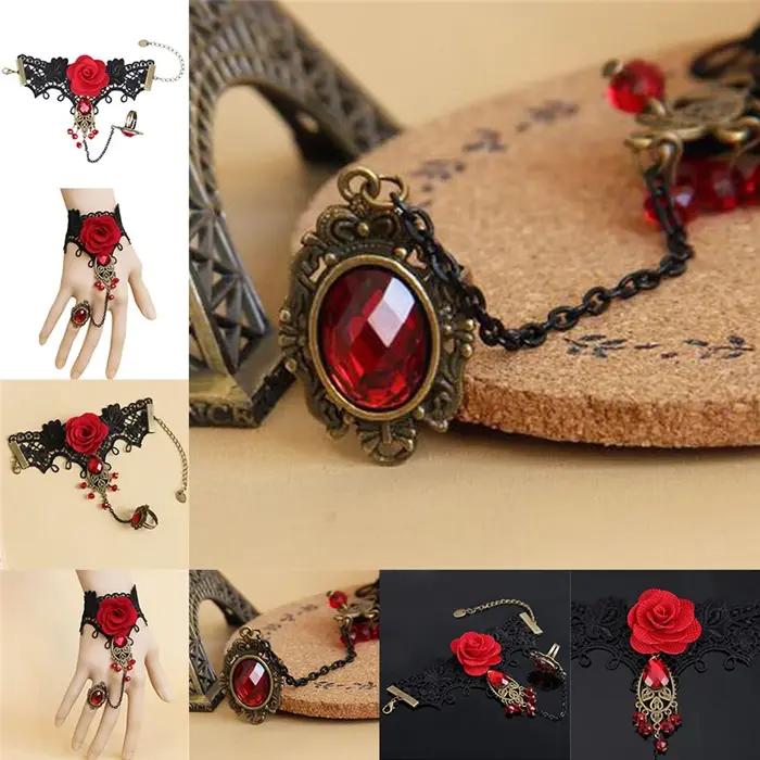 Bracelet Rose Rouge en Dentelle de Style Gothique Élégant