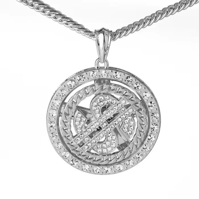 Mode cristal grand Raotatable Dollar américain collier signe d'argent pendentif collier hommes Hip Hop bijoux