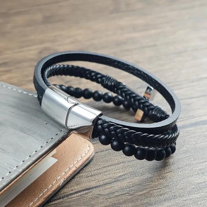 Bracelet croisé en cuir tressé multicouche pour homme