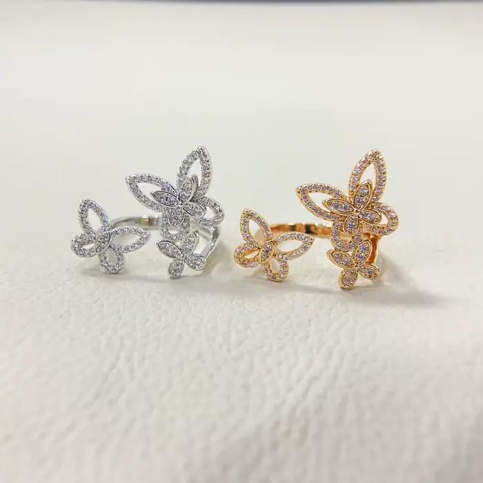 Classique S 925 en argent sterling évidé diamant serti trois bagues pour femmes en forme de papillon différente