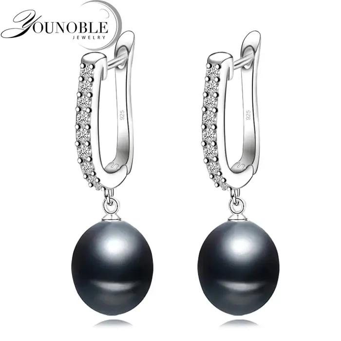 Boucles d'oreilles en perles naturelles noires véritable pour femme