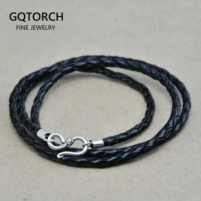 Collier tressé fait main en cuir véritable, ULnoire torsadée, 4 brins, fermoir hameçon vintage en ar