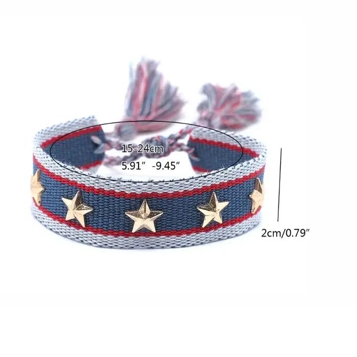 Bracelet à pampilles tissé d'inspiration bohème avec clous en forme d'étoile et de cœur