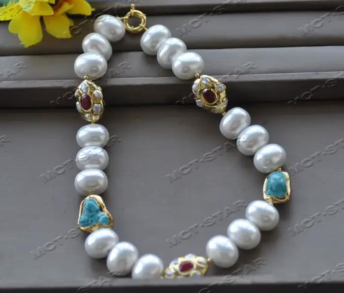 MTC · STAR Z12400 20 ''26mm Agate rouge bleu Turquoise plaqué or collier de perles de coquillage blanc