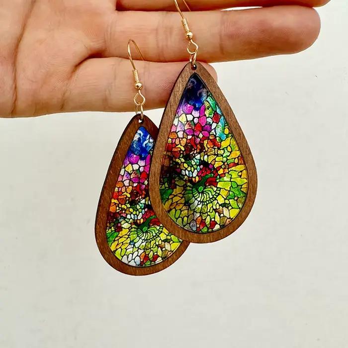 Boucles d'oreilles en mosaïque de verre coloré pour femmes, nouveau modèle 2024, motif kaléidoscope,