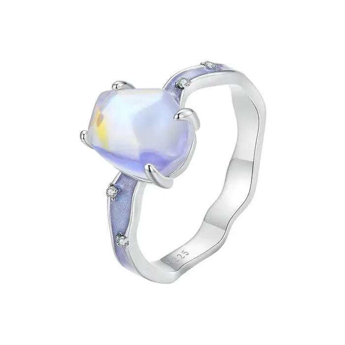 Bamoer solide 925 en argent Sterling violet pierre Aurora bague vague bande anneau pour les femmes f