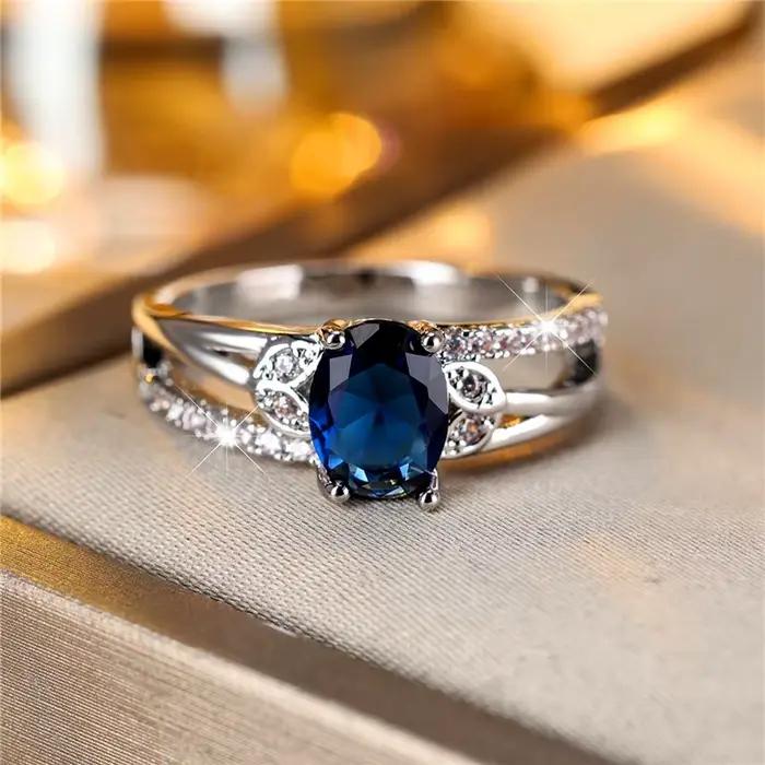 Bague Boho en pierre de Zircon ovale bleu pour femme