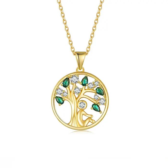 WOSTU Collier Arbre de Vie en argent sterling 925 véritable, pendentif rond en zircone cubique verte, bijoux Arbre de Famille, cadeau pour elle