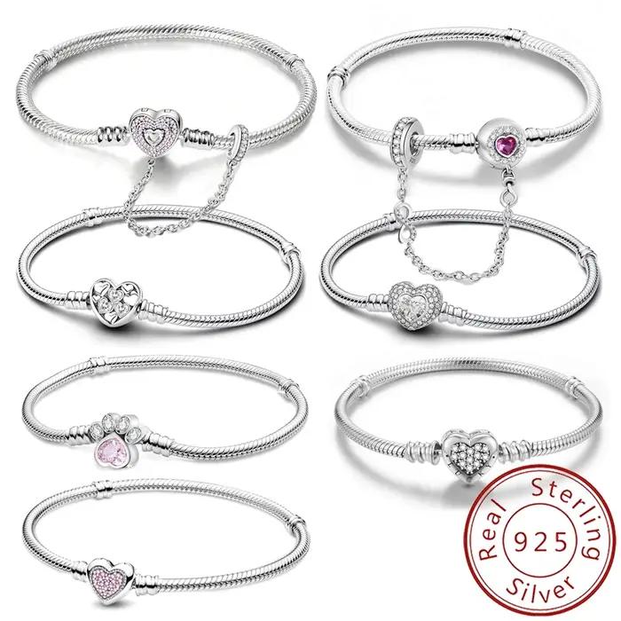 Bracelet en argent sterling 925 personnalisé simple forme cœur griffes perles diy compatible bracelets originaux bijoux fins cadeau femmes occasions partys