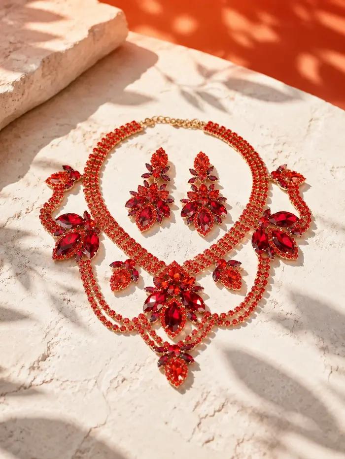 Parure de collier en verre rouge cuir avec boucles d'oreilles imposantes pour femmes pour soirées et cérémonies élégantes