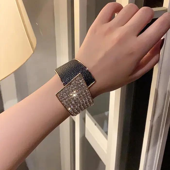 Nouveau bracelet élastique en alliage de cuir incrusté de diamants pour femmes